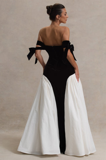 Cyndi Black & Cream Velvet Bardot Maxi Dress With Volume Skirt